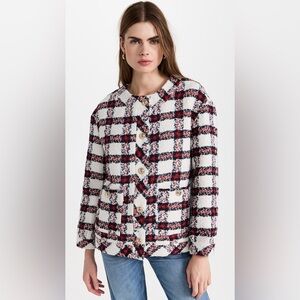 English Factory‎ Navy and Red Check Plaid Boucle Tweed Jacket Size Large